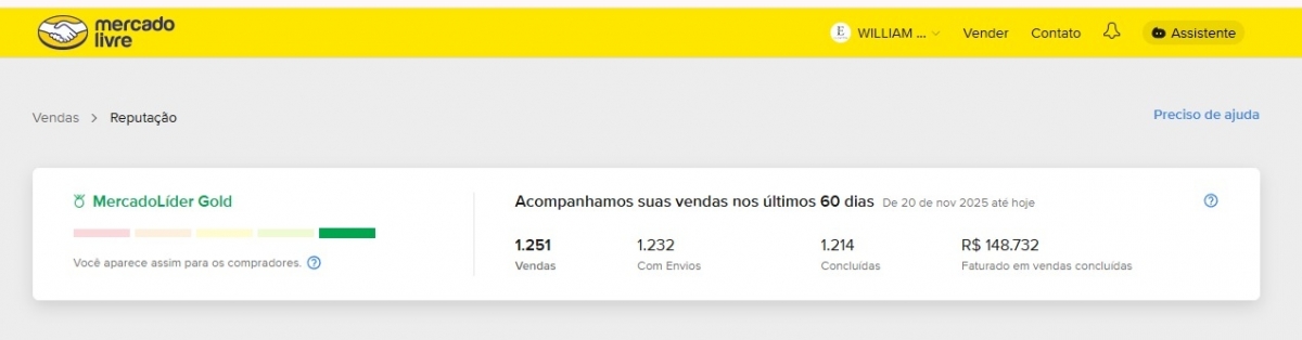 Venda de Conta Mercado Livre Líder Gold com Full Ativo - Faturamento Médio R$ 75.000/mês - Reputação Impecável.