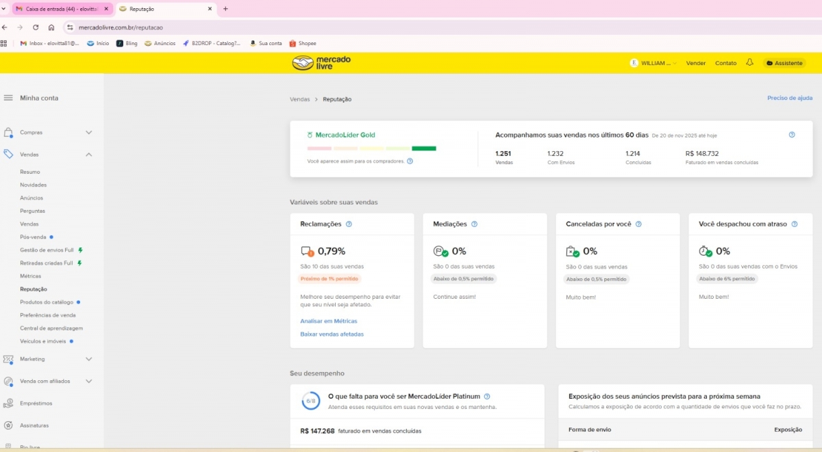 Venda de Conta Mercado Livre Líder Gold com Full Ativo - Faturamento Médio R$ 75.000/mês - Reputação Impecável.