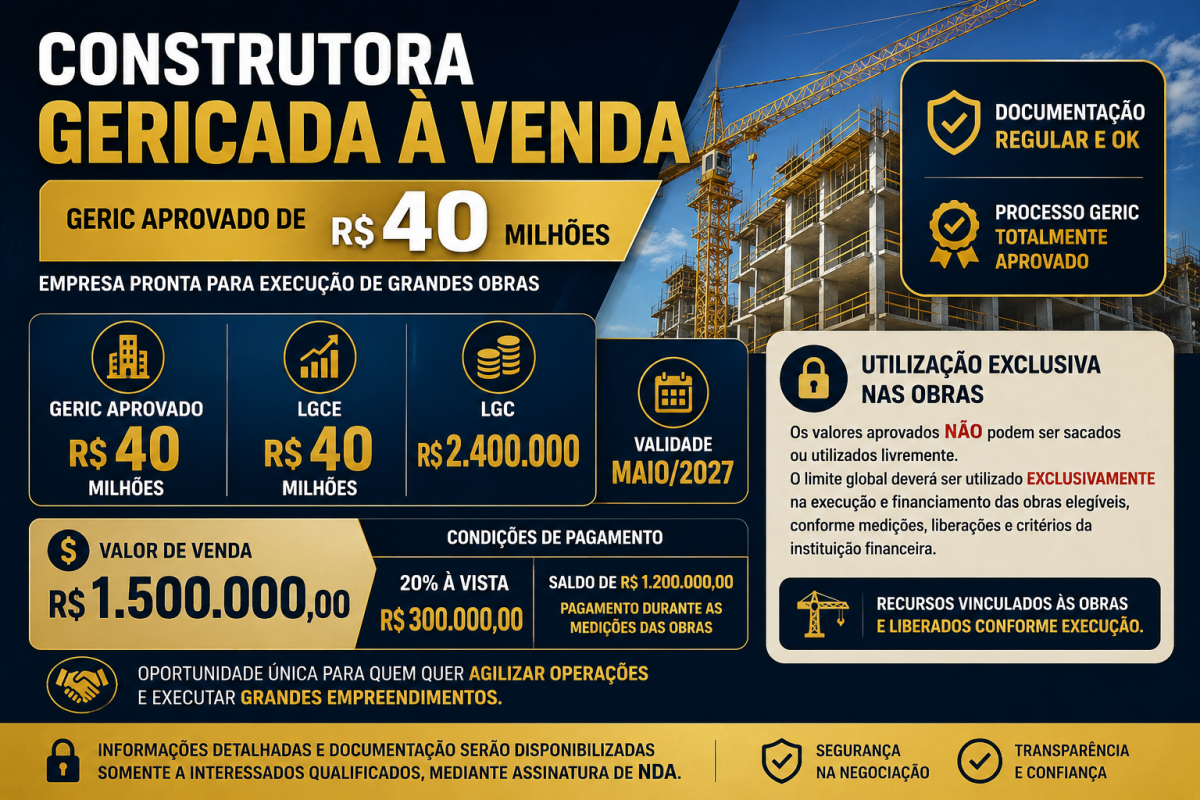 CONSTRUTORA À VENDA – GERIC DE R$ 40 MILHÕES