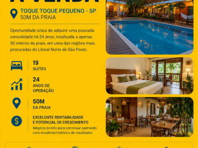 POUSADA À VENDA EM TOQUE TOQUE PEQUENO | 19 SUÍTES | 50M DA PRAIA | 24 ANOS DE OPERAÇÃO.