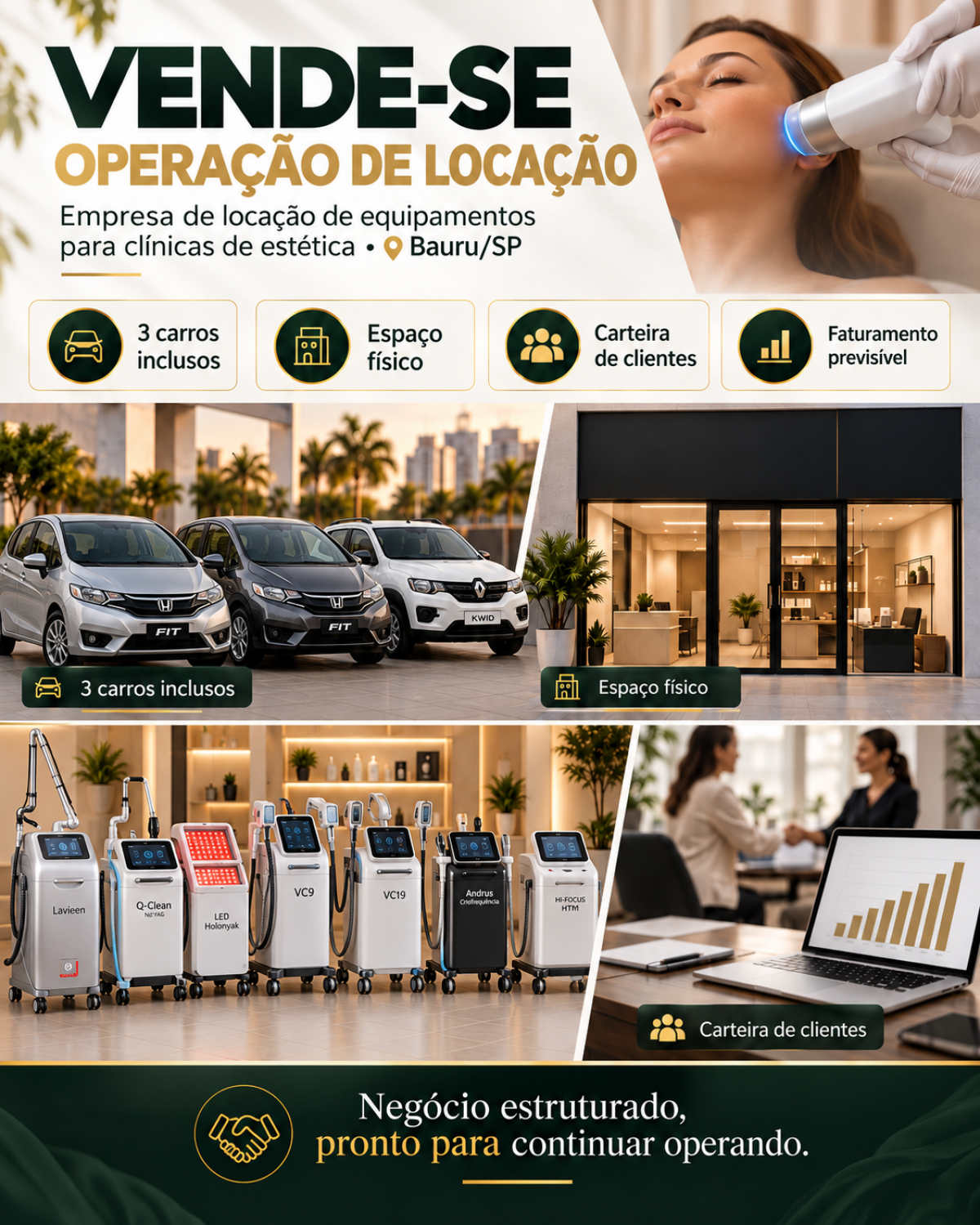 Vende-se Empresa de Locação de Equipamentos Estéticos em Bauru/SP – Operação Completa, com Equipamentos, 3 Veículos, Carteira de Clientes e Faturamento Recorrente